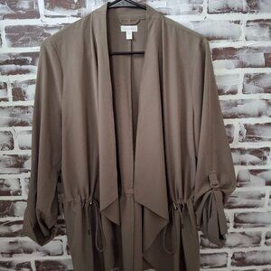 Garnet Hill Medium Open Front Top Roll Sleeves Taupe Cinch Waist